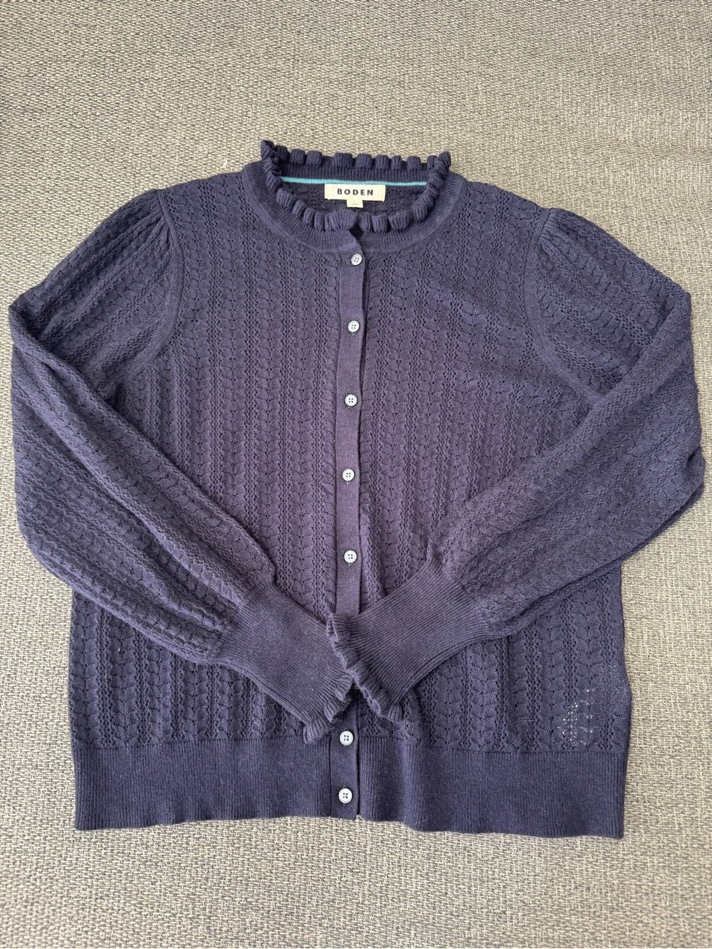 Boden Navy Pointelle Ruffle Cardigan Sweater